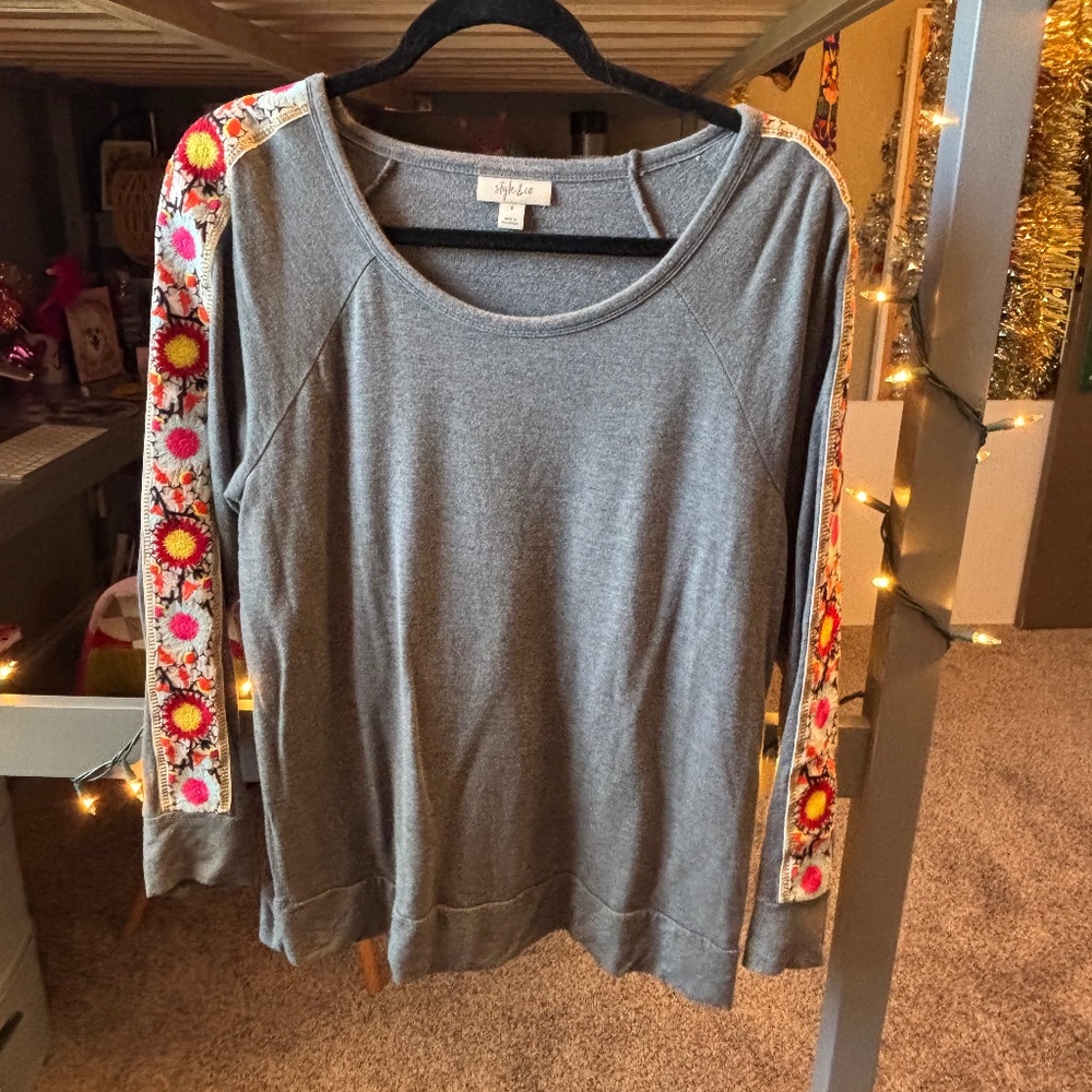 Style & Co. Super cute embroidered sleeve lightweight long sleeve shirt